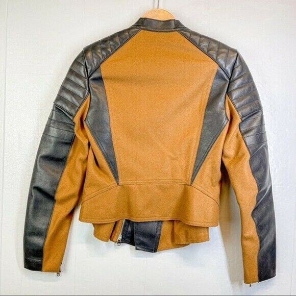 3.1 Phillip Lim Leather Moto Jacket Wool Blend Black Brown Biker 0 XS - Picture 5 of 8
